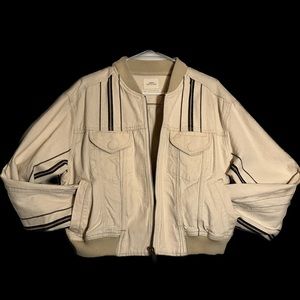 Urban Outfitters Cropped Bomber Jacket Beige W/Blue Striped Sleeves
